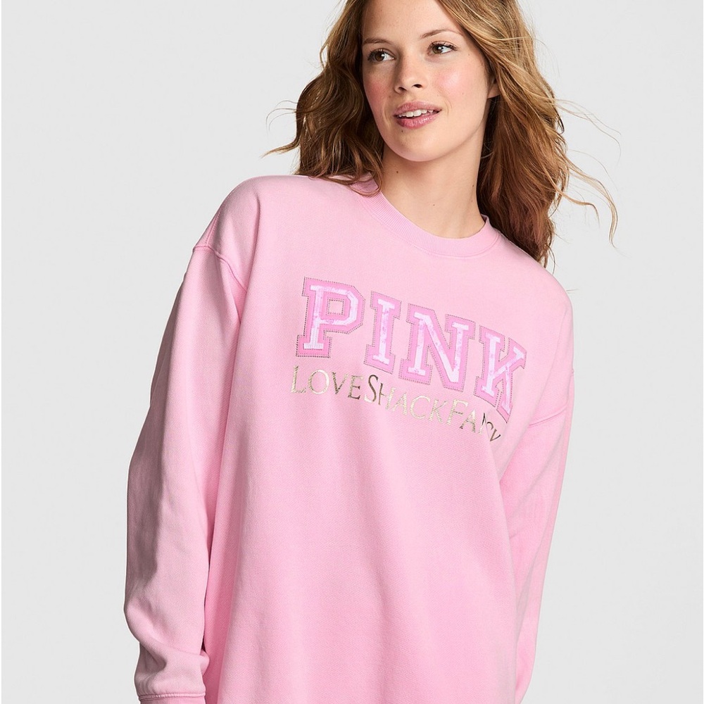 PINK x LoveShackFancy Oversized Crew Sweatshirt in Pink Lollipop XS
